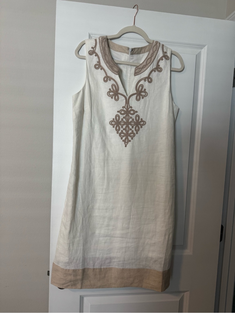 Charter Club White Linen Shift Dress with Beige Embroidery